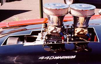 Modified 1972 Dodge Charger, close up view of tunnel ram induction